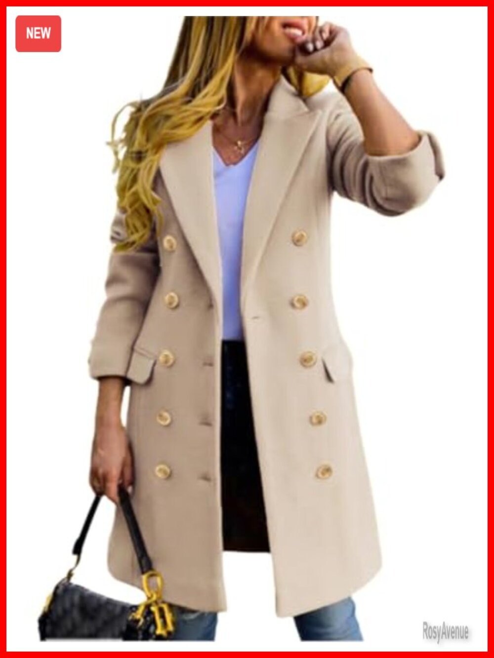 Wool Blend Double Breasted Midi Peacoat Trench Coat Notch Lapel